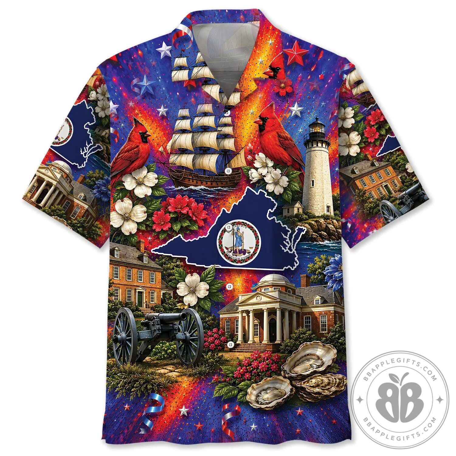 Virginia State Map Cardinal Lighthouse Hawaiian Shirt