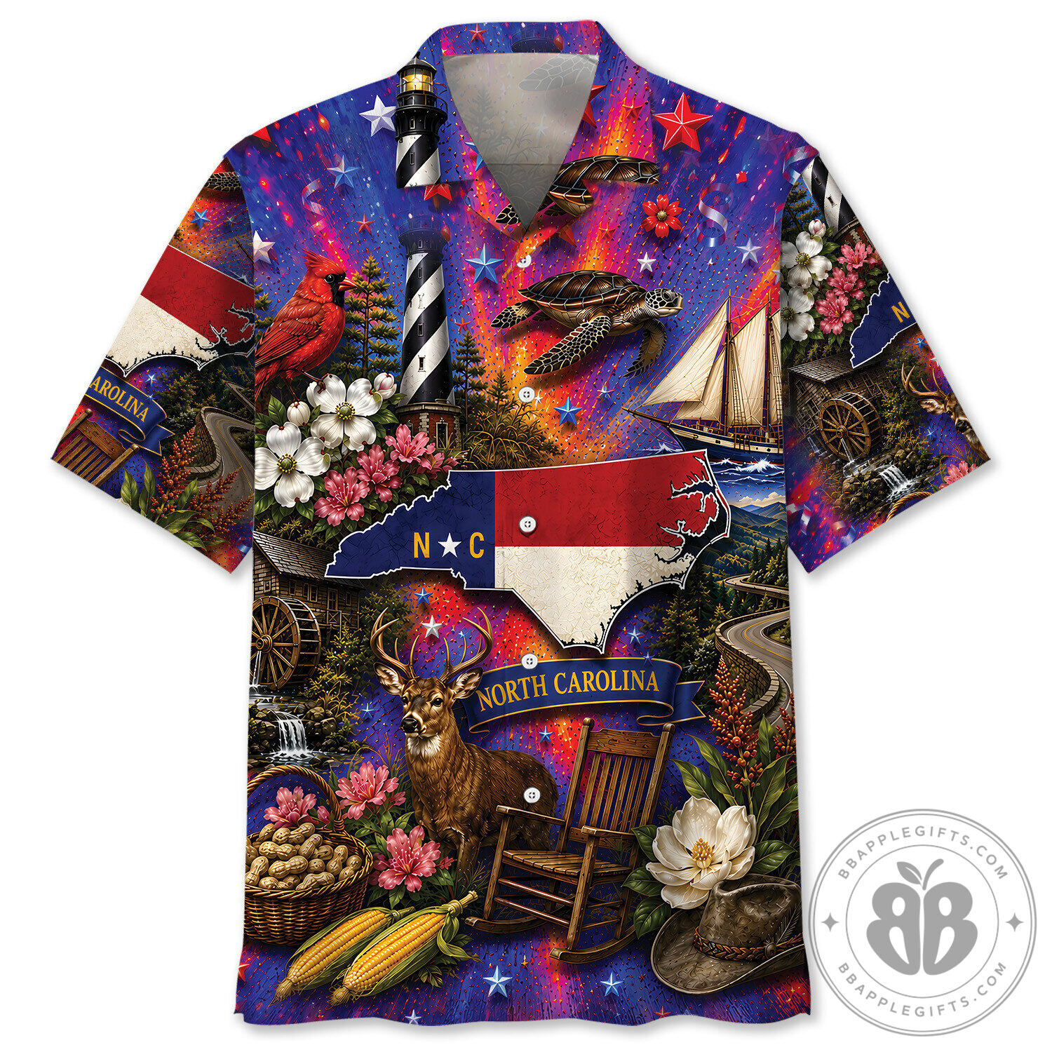 North Carolina State Map Vintage Art Hawaiian Shirt