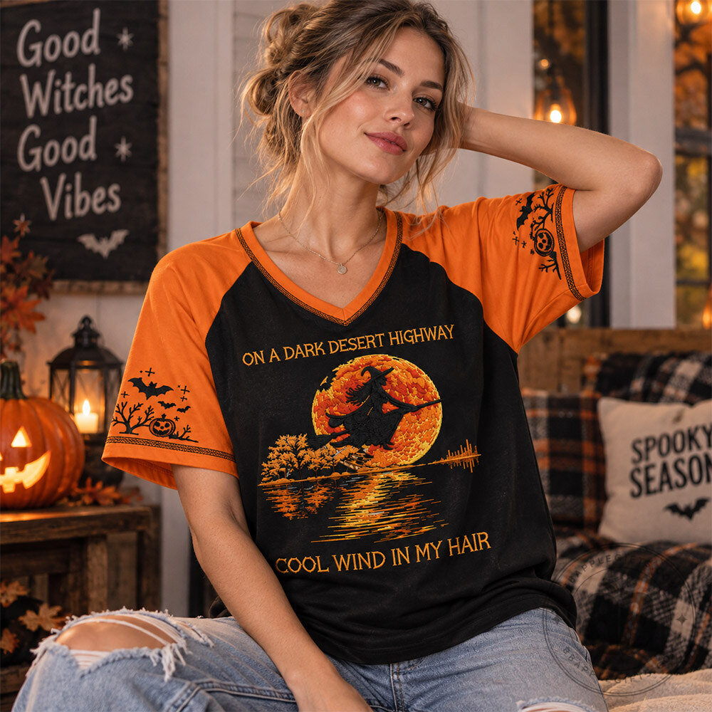 Desert Highway Cool Wind Witch Halloween V Neck T Shirt | Apparel