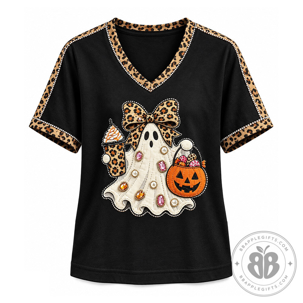 Leopard Bow Ghost Pumpkin Cute Halloween V Neck T Shirt | Apparel 7 Leopard Bow Ghost Pumpkin Cute Halloween V Neck T Shirt | Apparel