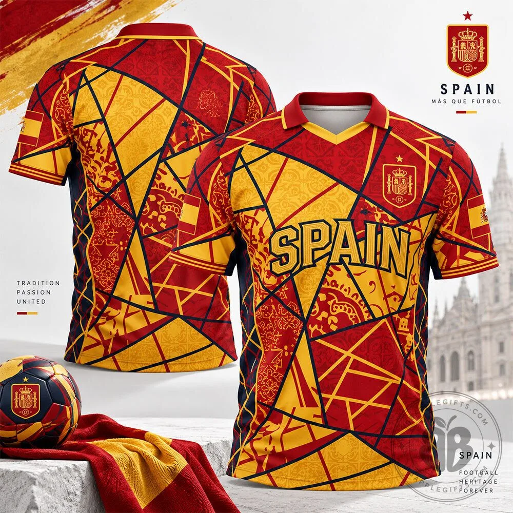 Spain National Team Red Gold Geometric Concept Fan V Neck Jersey | Apparel