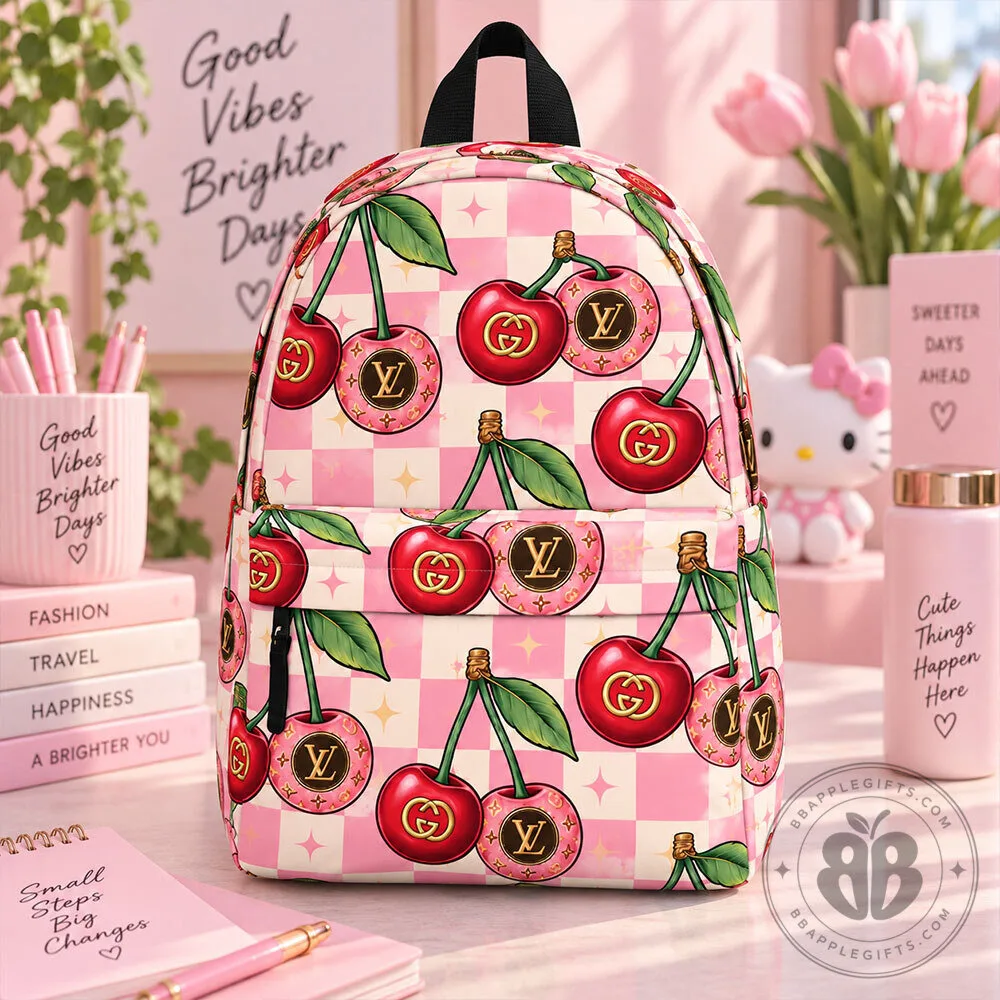 Cherry Print Pink Checkered Monogram Kawaii Travel Backpack | Apparel