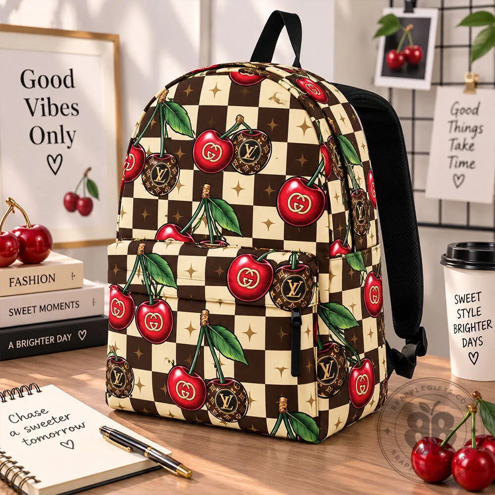 Cherry Print Monogram Cute Kawaii Travel School Backpack | Apparel