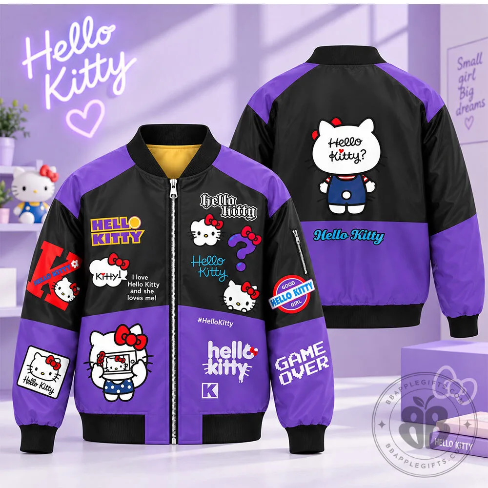 Hello Kitty Purple Black Cute Cartoon Concept Fan Bomber Jacket | Apparel