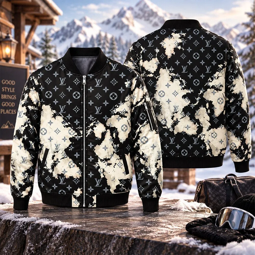 LV Black Cream Distressed Monogram Concept Fan Bomber Jacket | Apparel