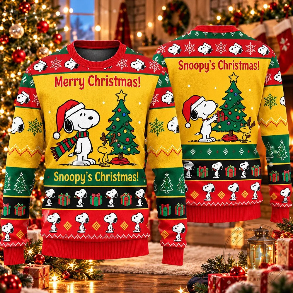 Snoopy Merry Christmas Snowman Tree Concept Fan Knit Sweater | Apparel