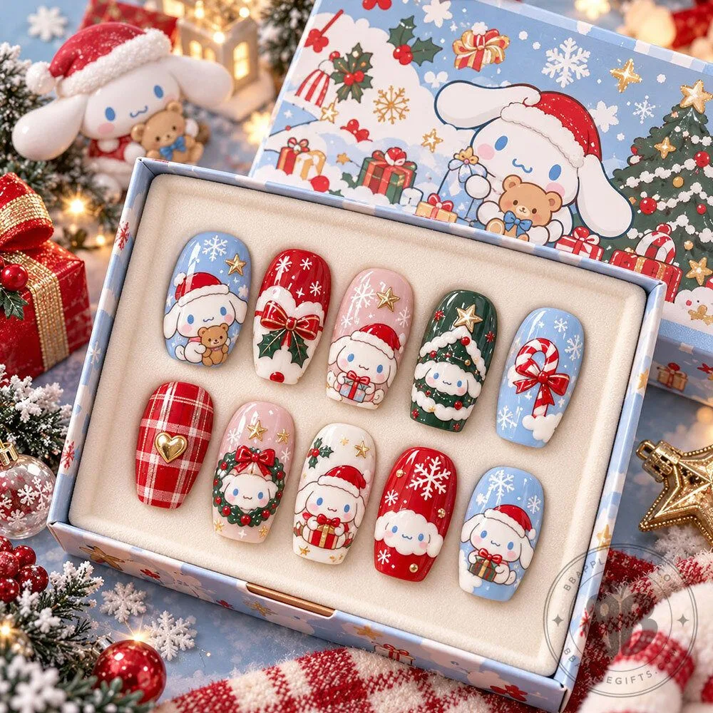 Cute Kawaii Christmas Blue Pink Holiday Press On Nails | Accessories