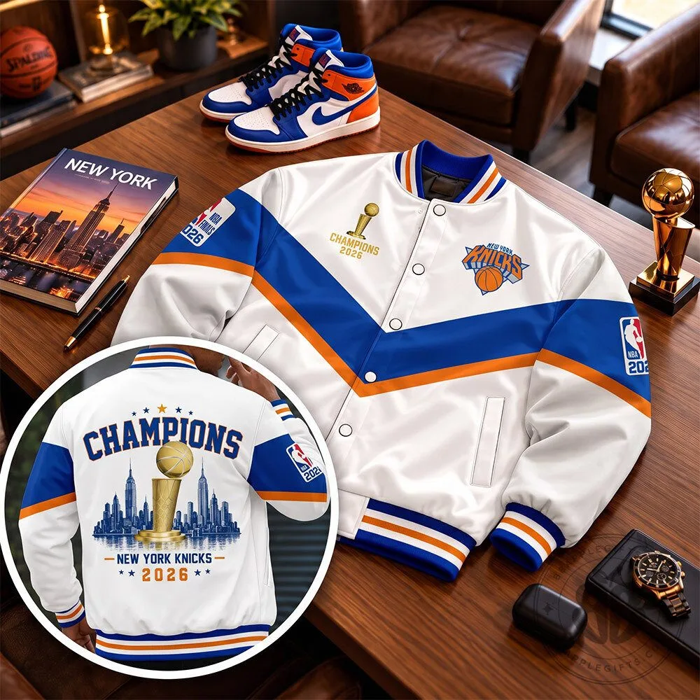 New York Knicks 2026 Champions White Blue Stripe Varsity Jacket | Apparel