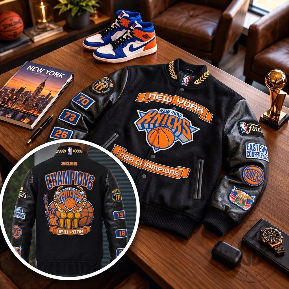 New York Knicks 2026 NBA Champions Black Patchwork Varsity Jacket | Apparel