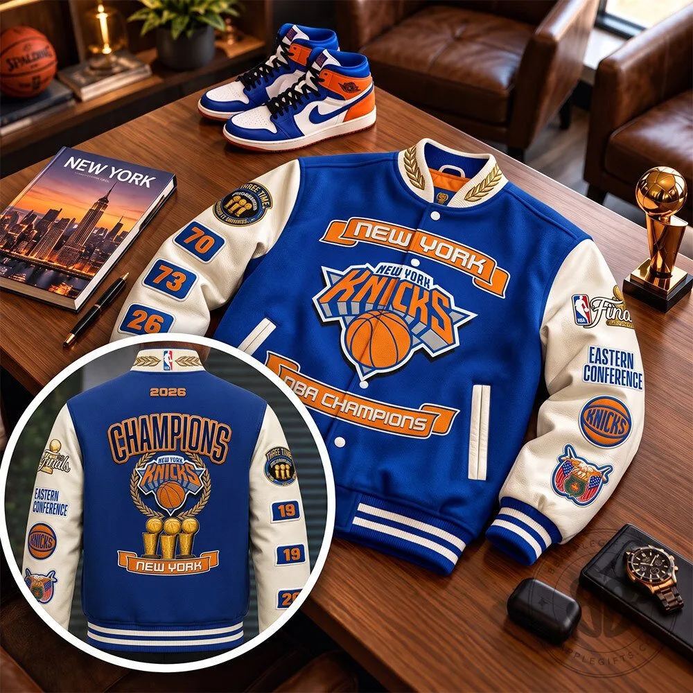 New York Knicks 2026 NBA Champions Blue Patchwork Varsity Jacket | Apparel