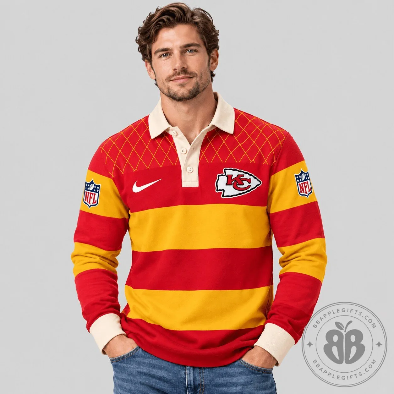 Kansas City Chiefs Rugby Striped Long Sleeve Polo Shirt